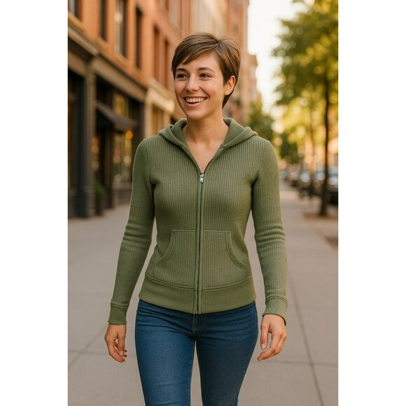 Vince Waffle Knit Hooded Jacket  Zip-Up Sage Green Womens Small 100% Cotton - Picture 5 of 13